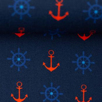 Canvas Heiner in marine mit orangen Ankern und blauen Steuerrädern